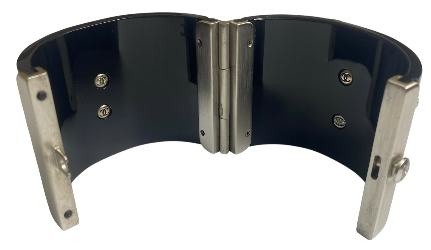 Rare Chanel 12P Black Pink Crystals Camellia Flower Double Sided CC Cuff Bracelet