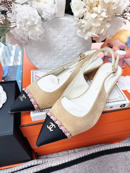 Chanel 23P camel suede and black slingback sandals
