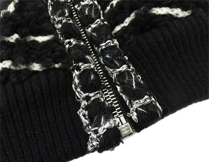 Chanel 19B Black Fuzzy Alpaca CC Zipper Bomber Jacket Coat FR 36