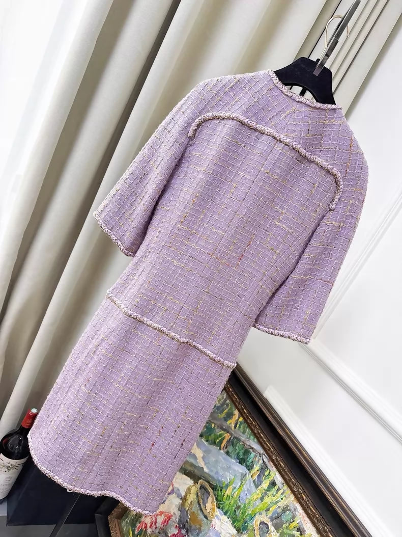 Chanel 15b Pinkish-purple tweed pleated silk dress with bow detail