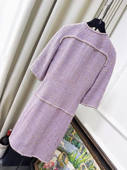 Chanel 15b Pinkish-purple tweed pleated silk dress with bow detail