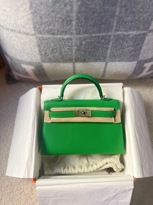 Hermes Mini Kelly 20 Bambou Chevre Leather Palladium Hardware