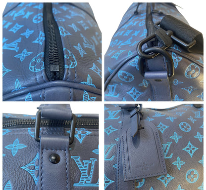Louis Vuitton LIMITED EDITION Keepall Navy Teal River Bandouliere 50 Monogram Shadow!