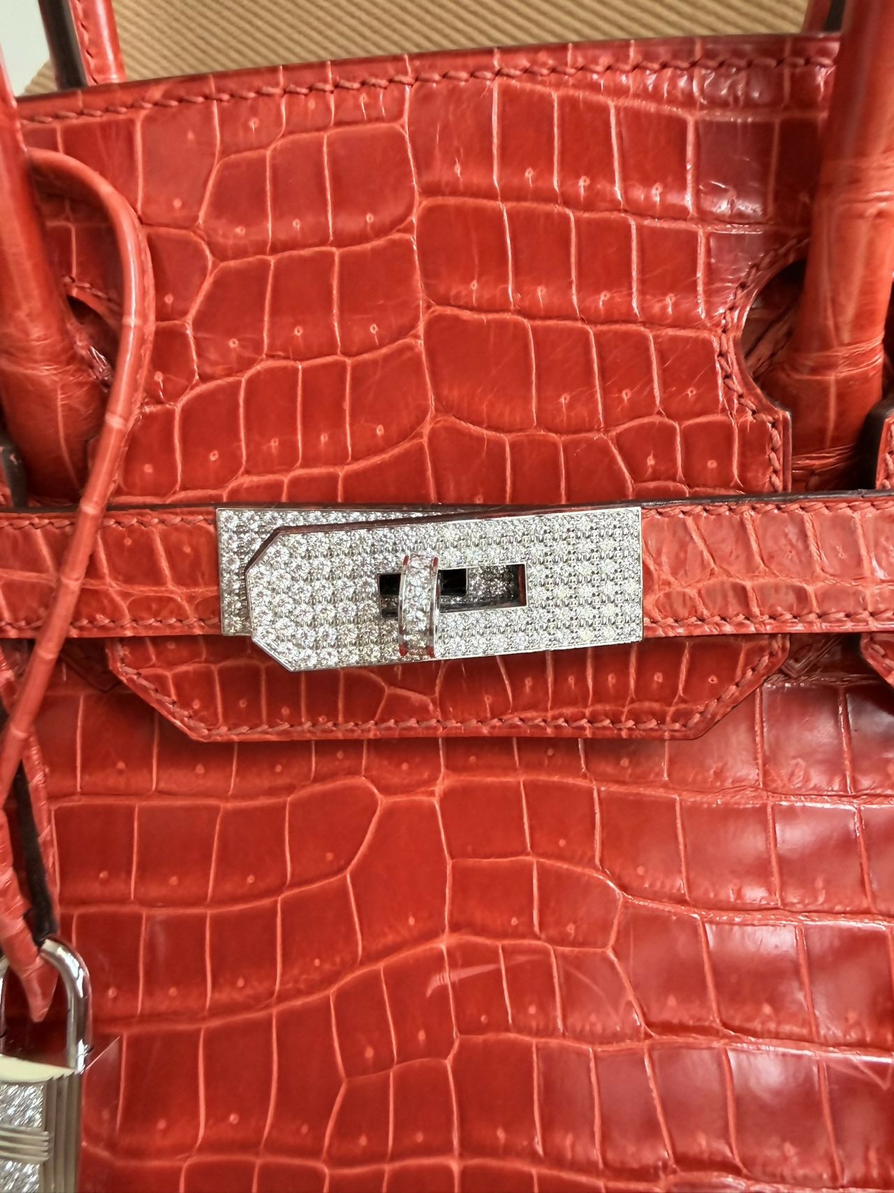 Hermes Birkin 35 Braise shiny croc white gold diamond hardware