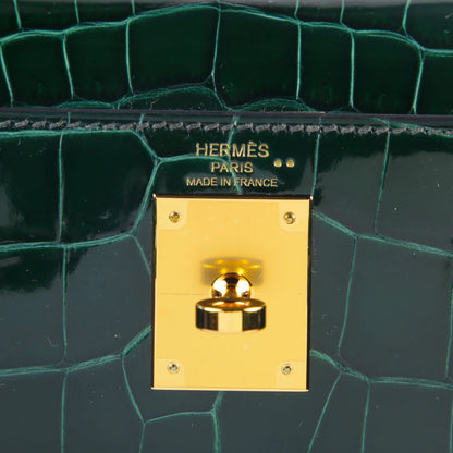 Hermes Kelly 28 Vert Fonce (67) Shiny Niloticus Crocodile Gold hardware