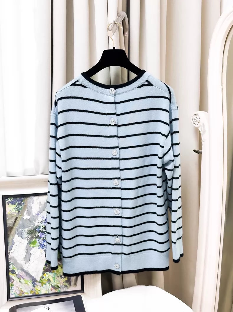 Chanel 25S blue and black striped cashmere cardigan
