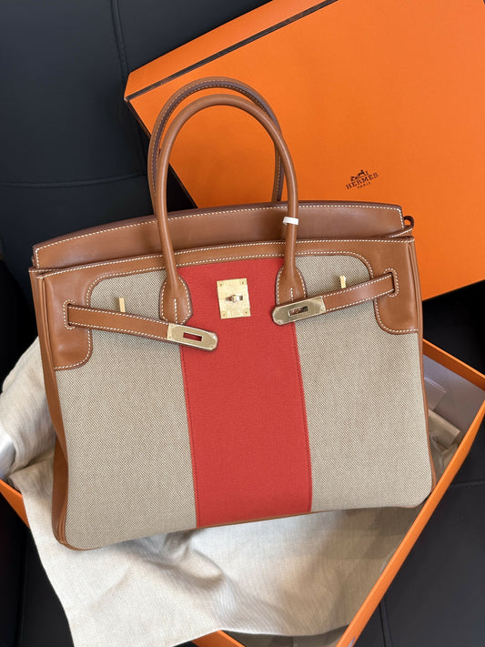 Hermès Birkin 35 Flag Denim / Barénia Leather with Gold Hardware