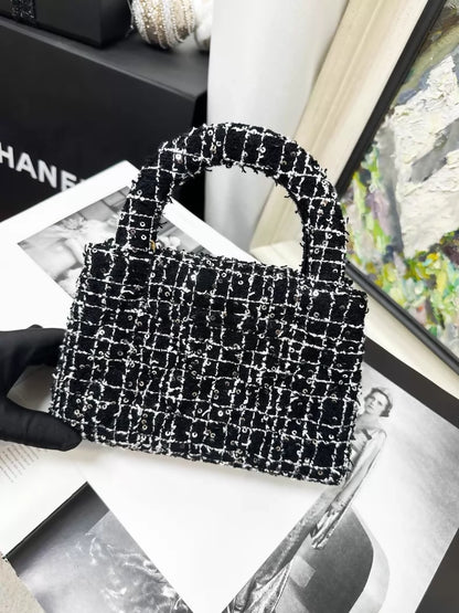 Chanel 24K Kelly Nano black and white tweed sequined shoulder bag with gold hardware