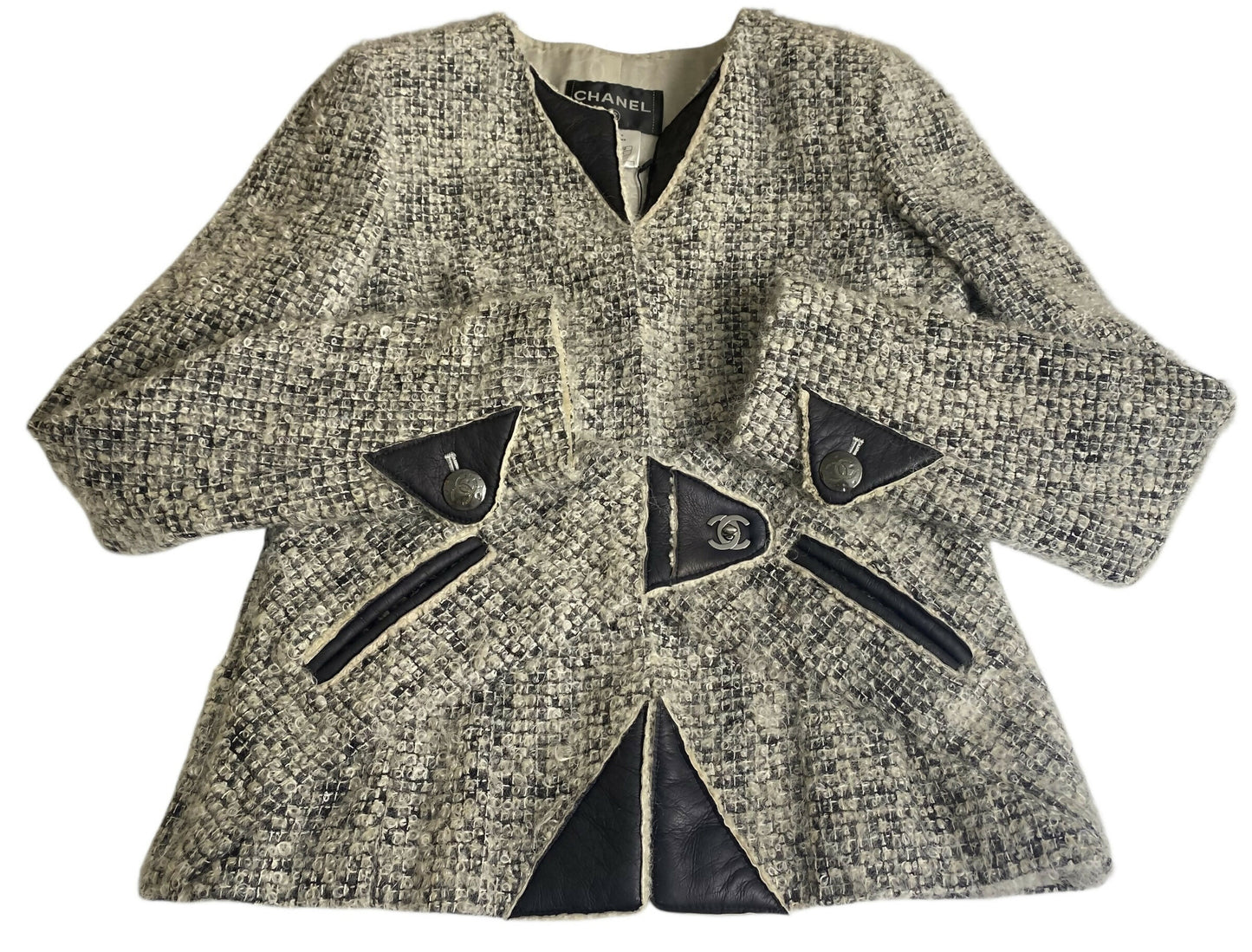 Chanel 10A Shanghai Shearling Tweed CC Grey Black Leather Trim Jacket Coat FR 36