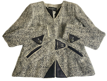 Chanel 10A Shanghai Shearling Tweed CC Grey Black Leather Trim Jacket Coat FR 36