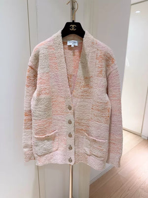 Chanel 25M orange-pink plaid color-blocked knit cardigan