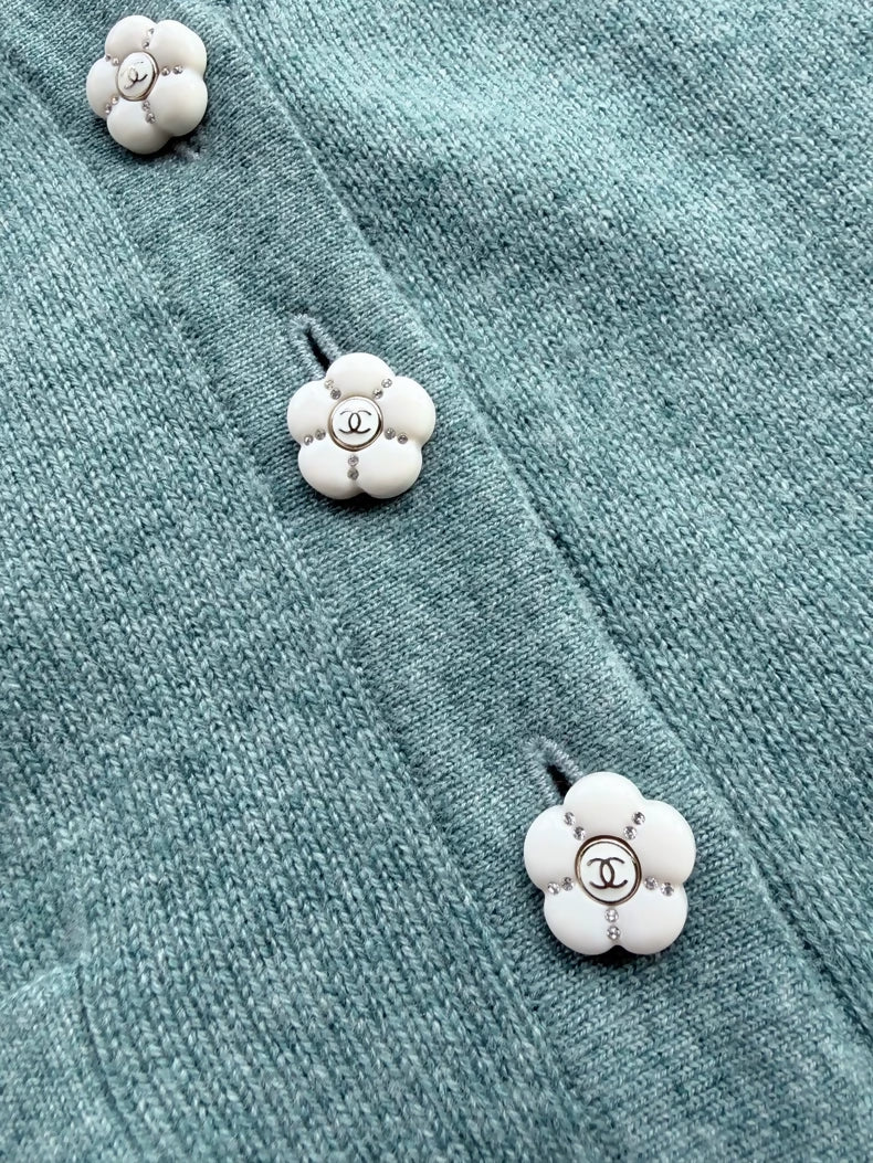 Chanel 23k Blue Cashmere Camellia Vest