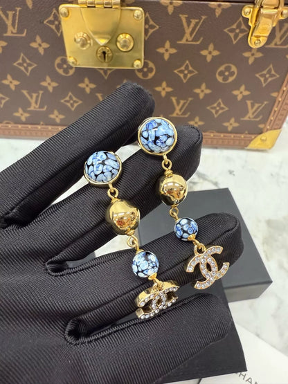 Chanel 25A Blue and White Gold Ball Double C Pendant Earrings