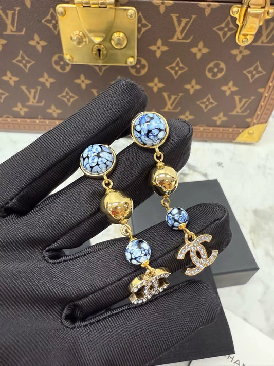 Chanel 25A Blue and White Gold Ball Double C Pendant Earrings