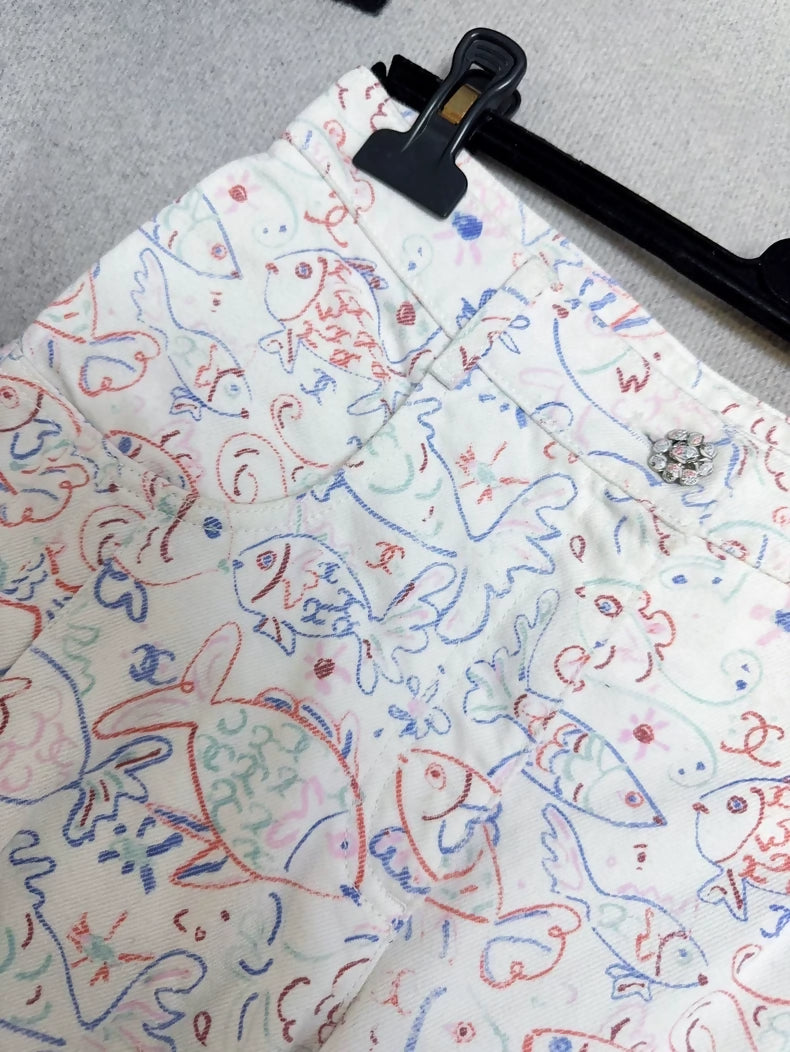 Chanel 25C colourful Fish Print Wide Leg Pants