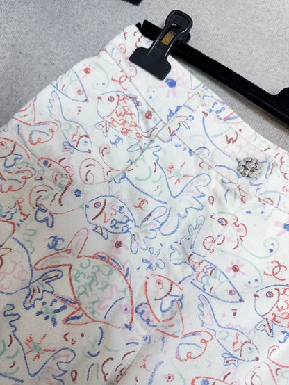 Chanel 25C colourful Fish Print Wide Leg Pants