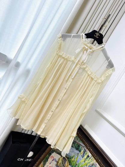 Gucci beige ruffled silk long-sleeved shirt