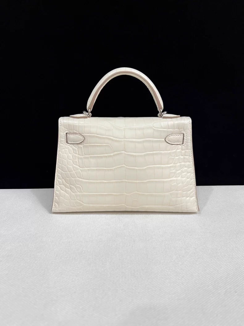 Hermes Mini Kelly 20 Cream White matte Crocodile Leather palladium hardware