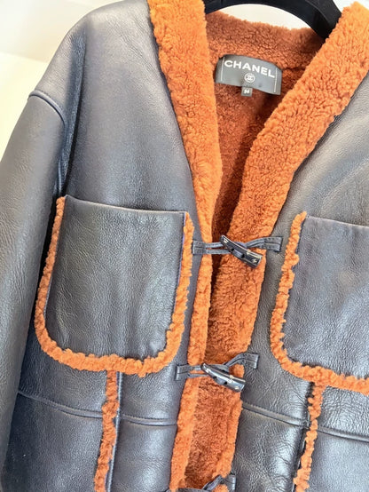 Chanel 23K black & brown shearling and lambskin coat