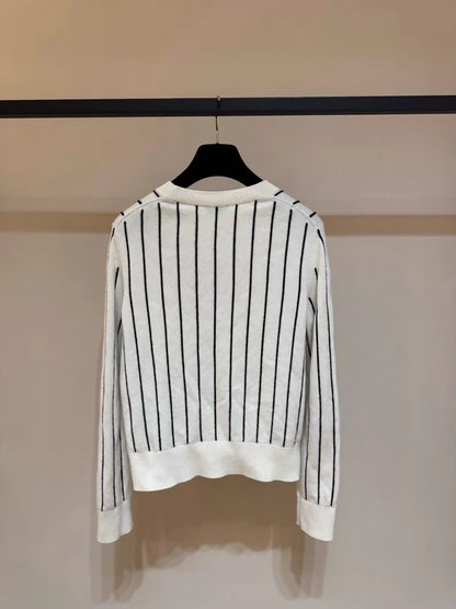 Chanel 23S Striped Beige Logo Knit Sweater