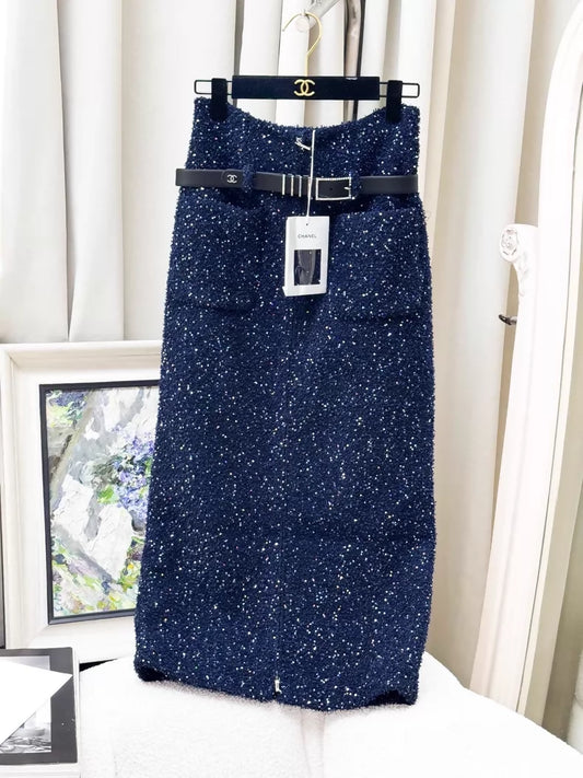 Chanel 17k Sequin Blue tweed Belt Skirt