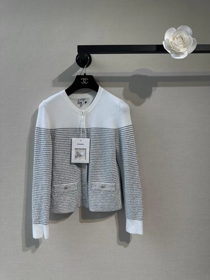 Chanel 24M grey/white striped cardigan