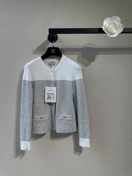 Chanel 24M grey/white striped cardigan