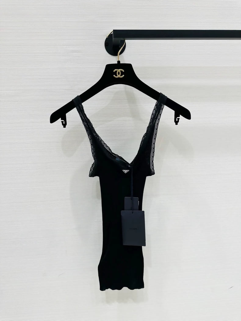 Prada 26SS Summer Collection Black Stretch Ribbed Lace top