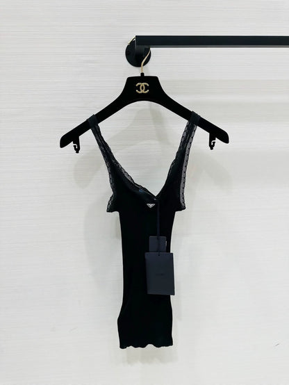 Prada 26SS Summer Collection Black Stretch Ribbed Lace top