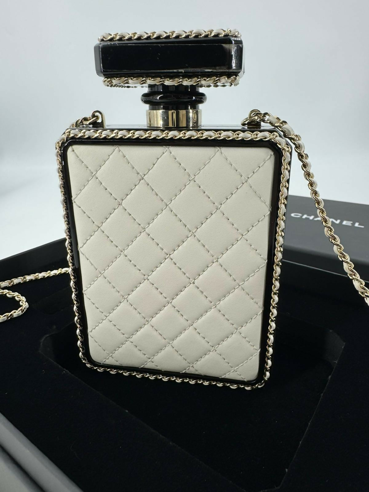 Chanel 22S Plexiglass Black Quilted Leather and White Perspex Perfume Bottle Minaudière Mini Flap Bag