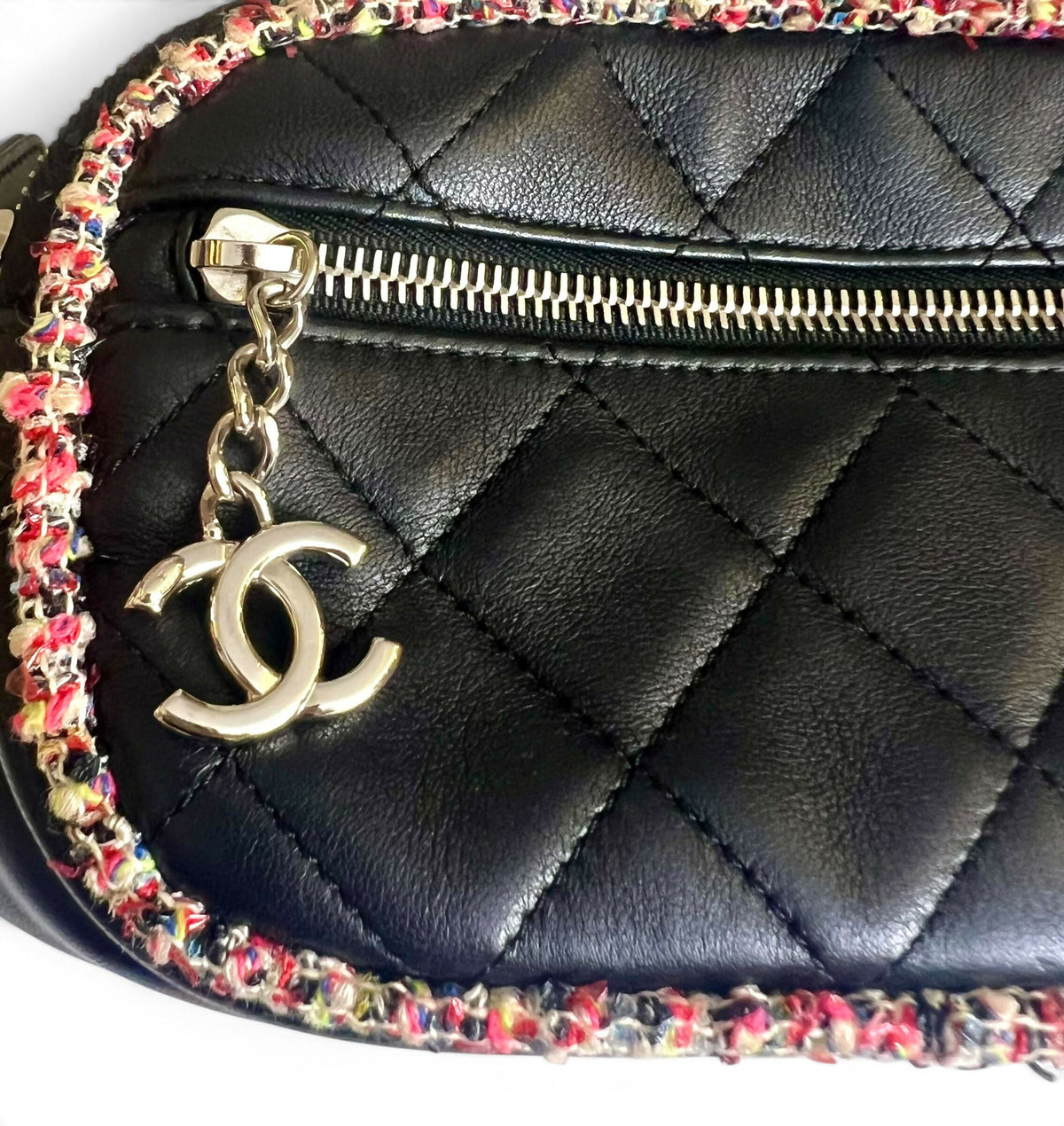 Chanel 19S Black Leather Multicolor Tweed Trim Quilted Waist Belt Bag