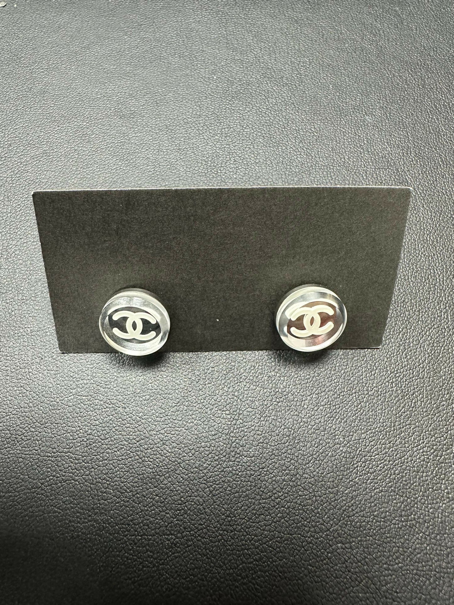 Chanel Vintage Resin Mirror CC Round Stud Earrings