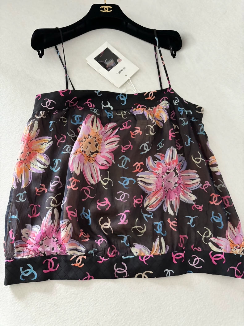 Chanel 24S Color All-Over Camellia Double CC logo Silk top