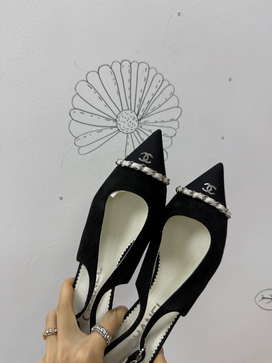 Chanel 23p black suede leather chain slingback heels