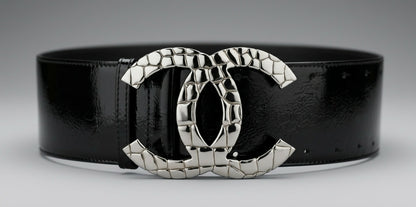 Chanel 07P Black Patent Silver Oversized CC Croc Embossed Logo Wide Belt Size 90/36