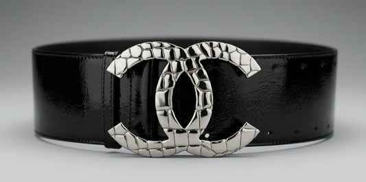 Chanel 07P Black Patent Silver Oversized CC Croc Embossed Logo Wide Belt Size 90/36