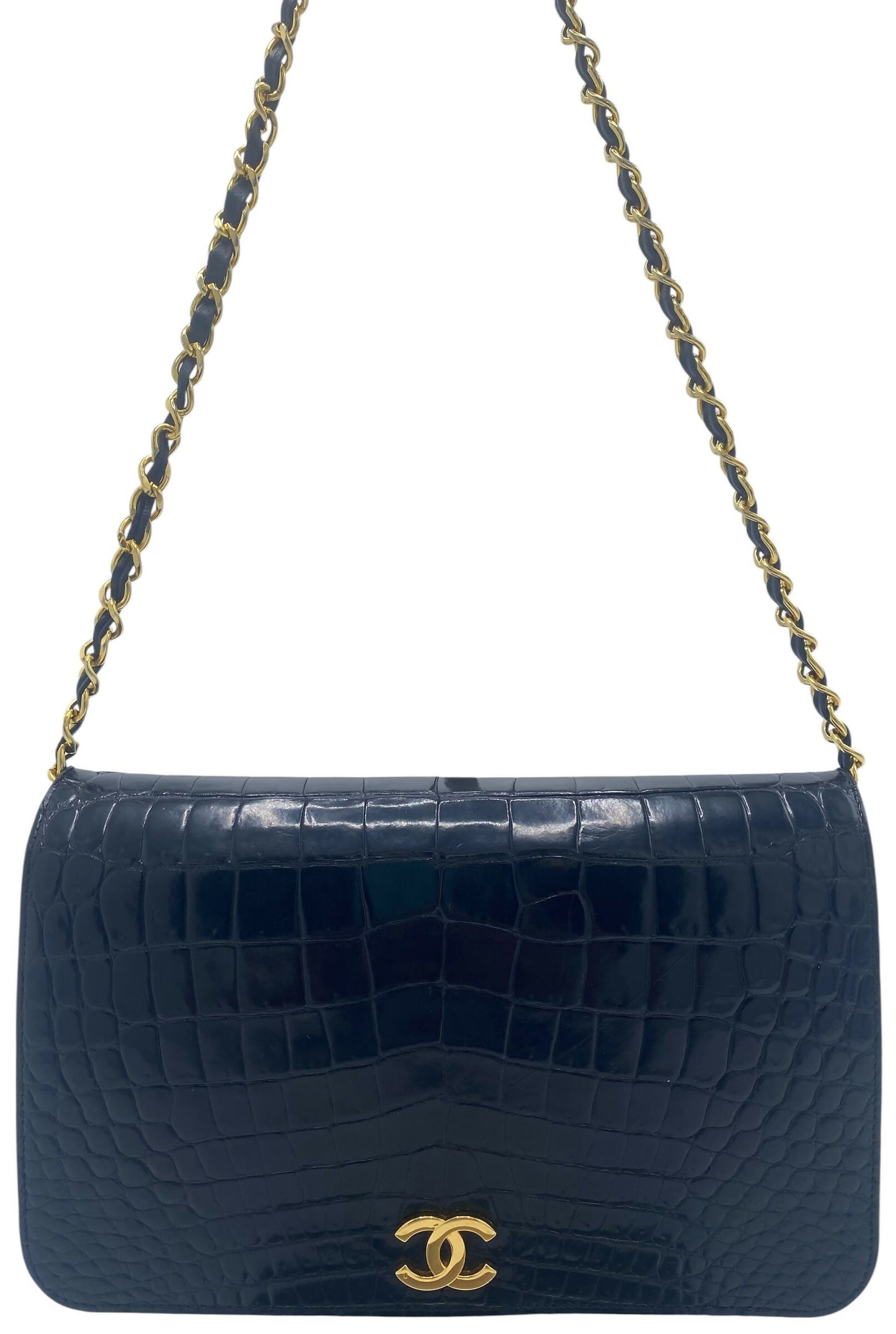 RARE Vintage 1984 Chanel Black Croc Flap Bag 24K Gold Hardware