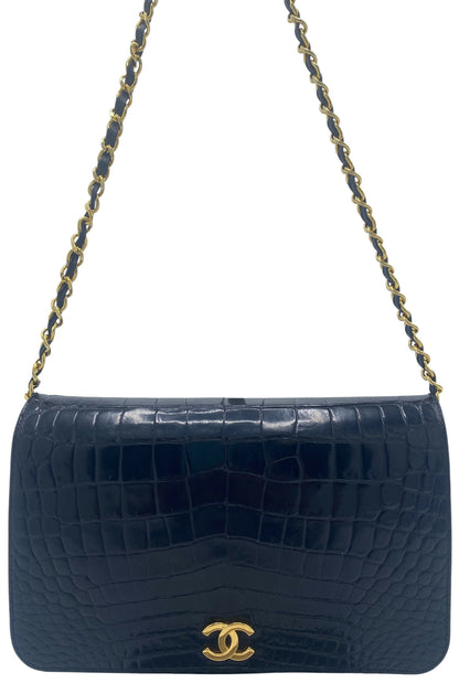 RARE Vintage 1984 Chanel Black Croc Flap Bag 24K Gold Hardware