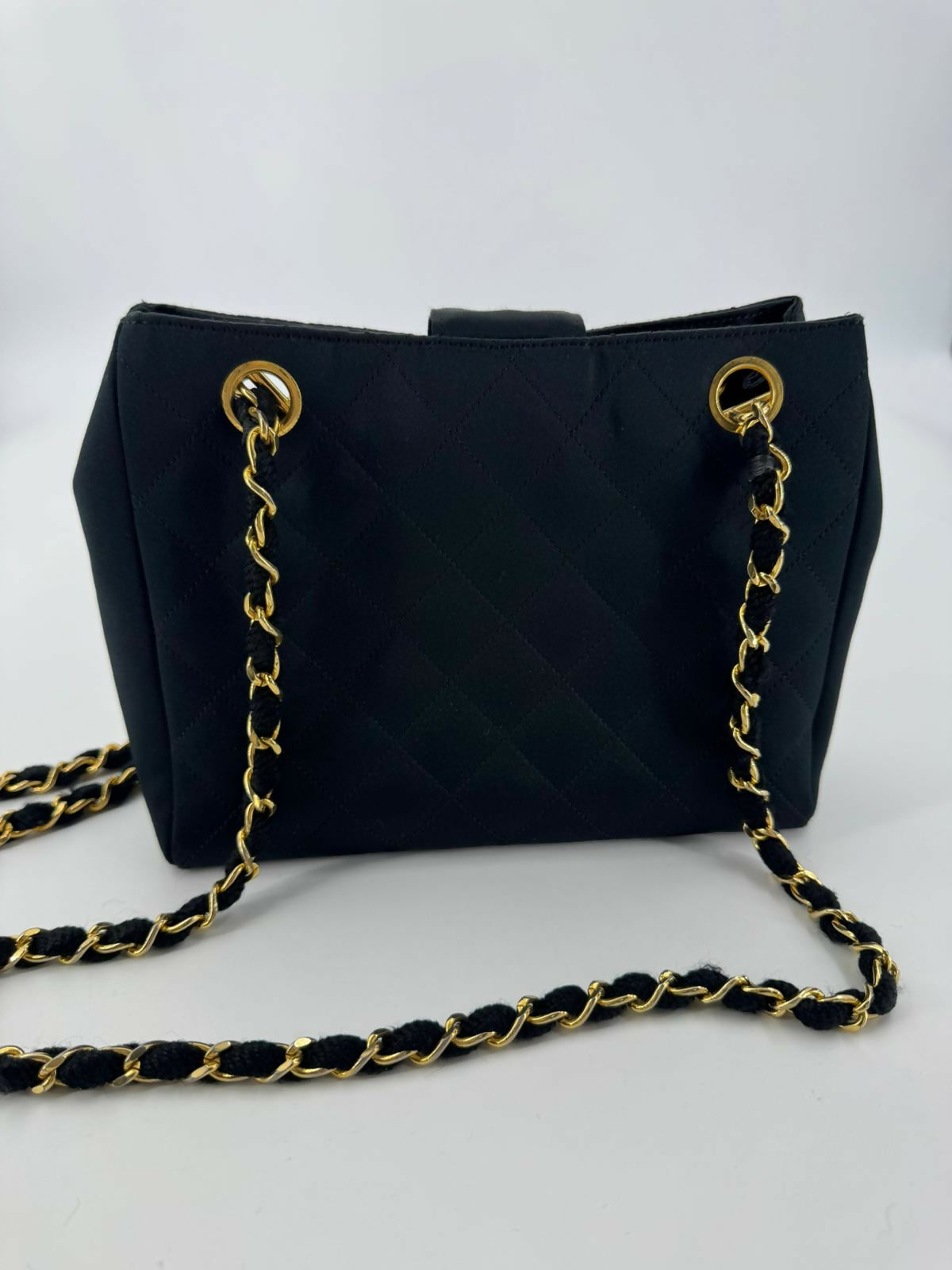 Chanel Vintage Satin and Rhinestone Shiny Black Shoulder Bag