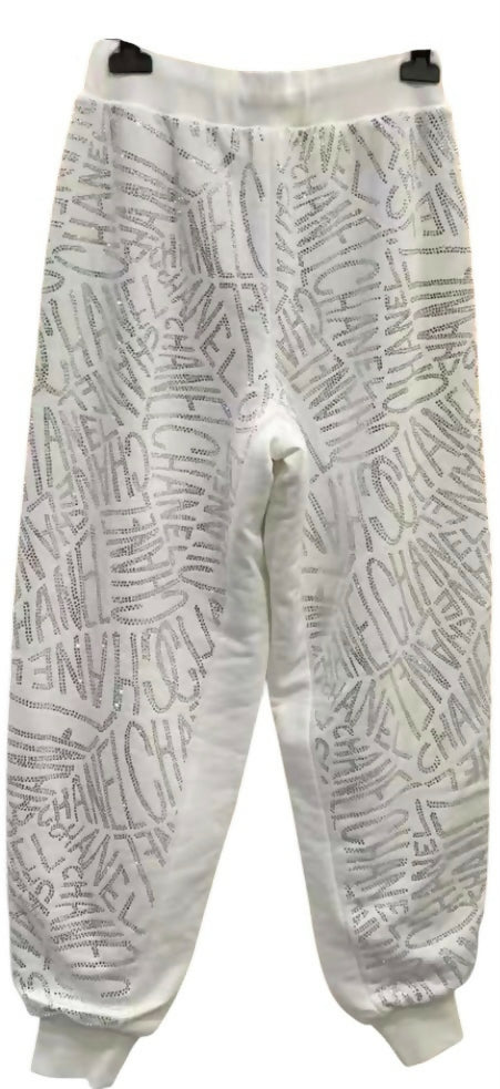 Chanel NWT 21N Coco Niege Swarovski CC White SweatPants Warm Winter Sport Pants FR 34