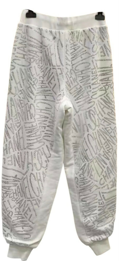 Chanel NWT 21N Coco Niege Swarovski CC White SweatPants Warm Winter Sport Pants FR 34