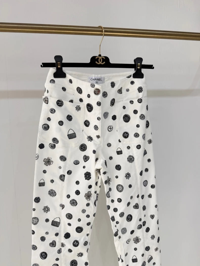 Chanel 25B black and white polka dot jeans
