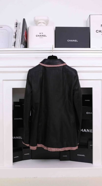 Chanel 2003 black leather and pink tweed jacket