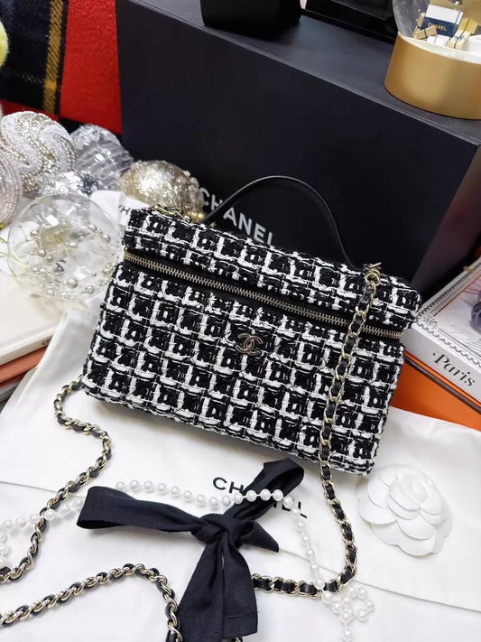 Chanel 25C black and white tweed case bag with silver hardwar