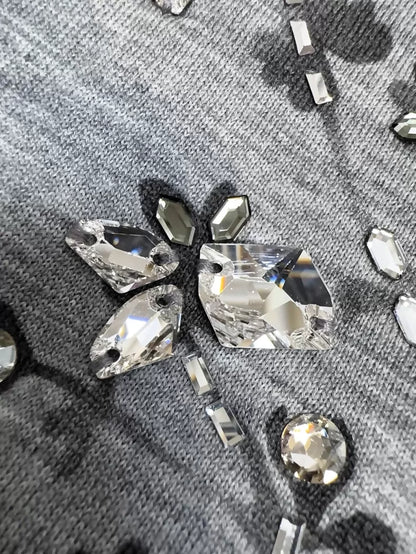 Chanel 22K grey turtleneck knit sweater with rhinestone and beaded floral print