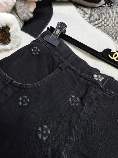 Chanel 23K embossed camellia black wide-leg jeans