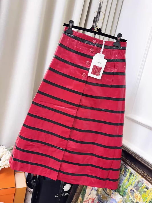 Chanel 24s red and black striped patent leather A-line skirt w