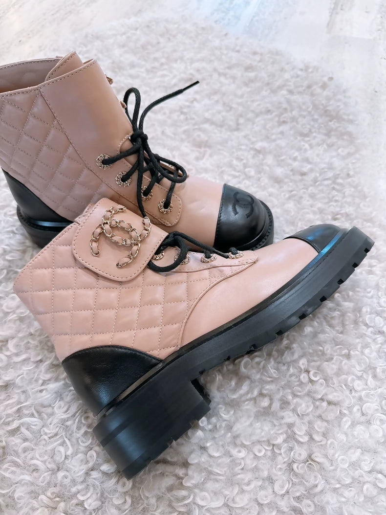 Chanel beige and black two-tone leather ankle boots