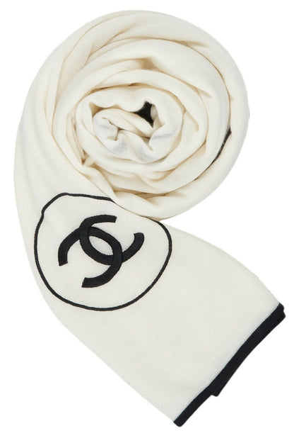 Chanel XL Ivory Black Cashmere Double CC Stole Shawl Scarf
