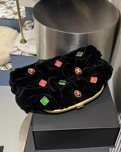 Chanel 2022 Black Velvet, Green and Red Gripoix Embellished CC Pouch Bag Gold Hardware